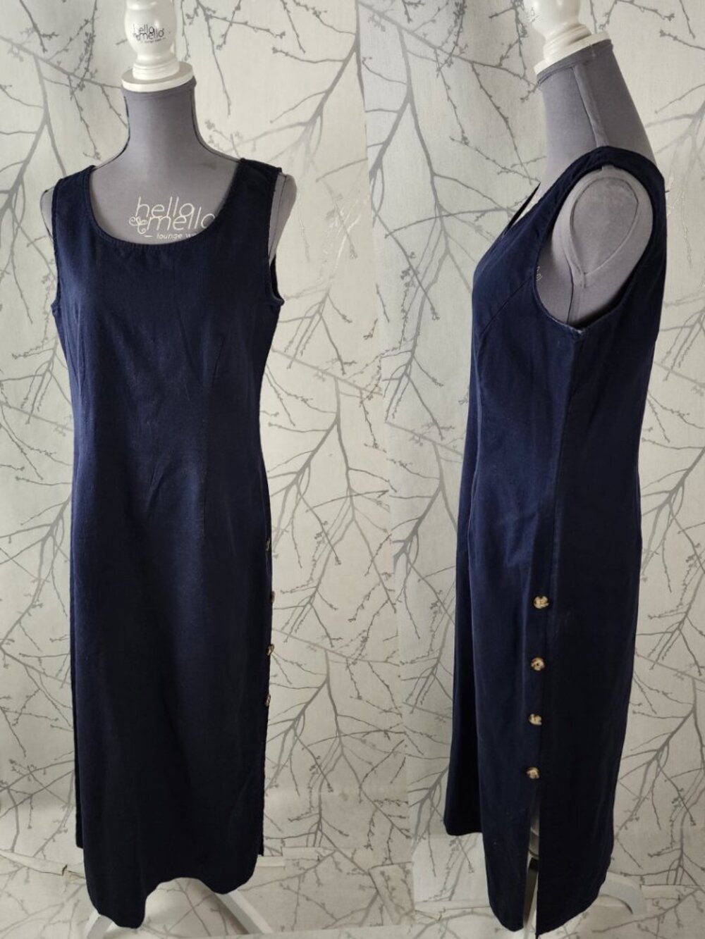 Style My Way Navy Cotton Linen Round Neck Button Long Dress